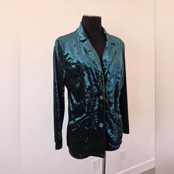 Emerald Green Velvet Blazer Jacket Jewel Tone Party Holiday Disco Christmas L - Picture 2 of 11